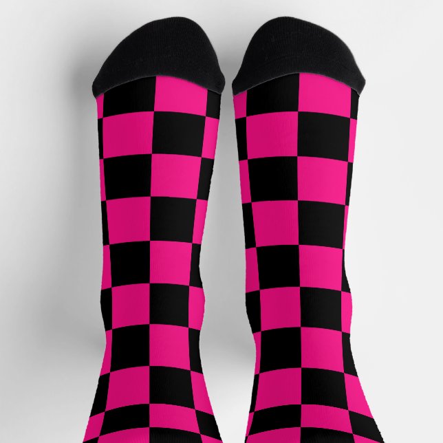 Chequered squares hot pink black geometric retro socks (Top)