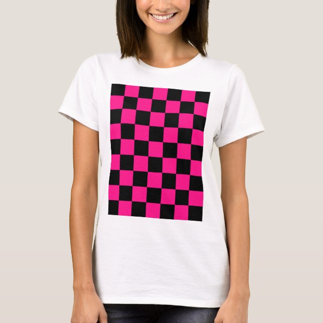 Chequered squares hot pink black geometric retro T-Shirt (Front)