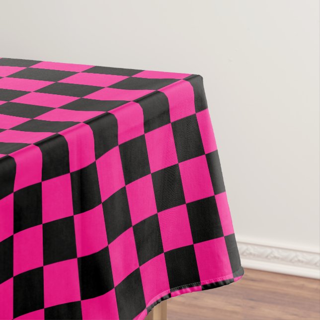 Chequered squares hot pink black geometric retro tablecloth (In Situ)