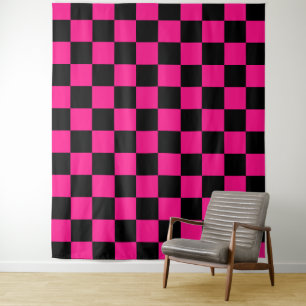 Chequered squares hot pink black geometric retro tapestry