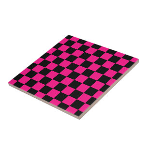 Chequered squares hot pink black geometric retro tile
