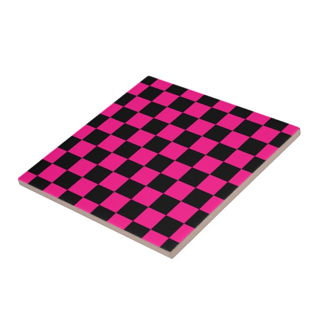 Chequered squares hot pink black geometric retro tile (Side)