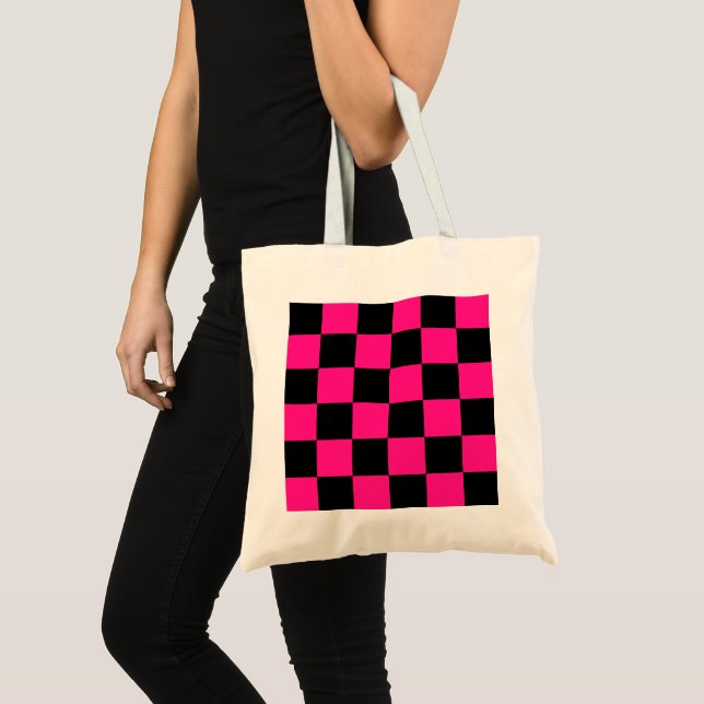 Chequered squares hot pink black geometric retro tote bag (Front (Product))
