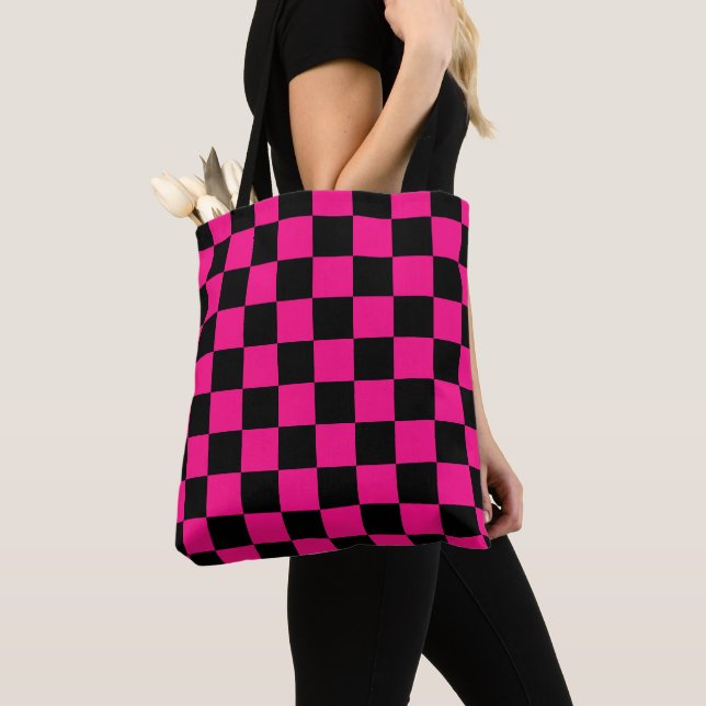 Chequered squares hot pink black geometric retro tote bag (Close Up)