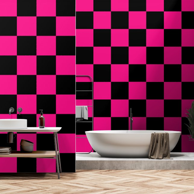Chequered squares hot pink black geometric retro wallpaper (Bathroom)