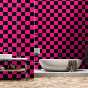 Chequered squares hot pink black geometric retro wallpaper