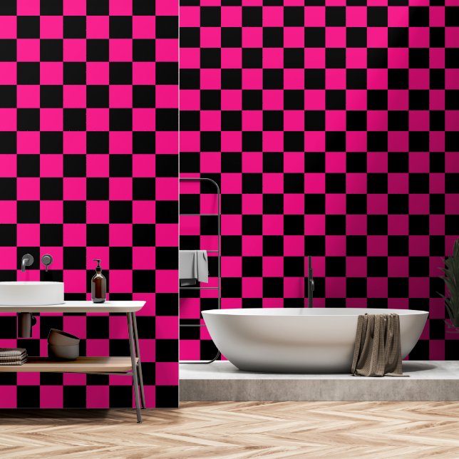 Chequered squares hot pink black geometric retro wallpaper (Bathroom)