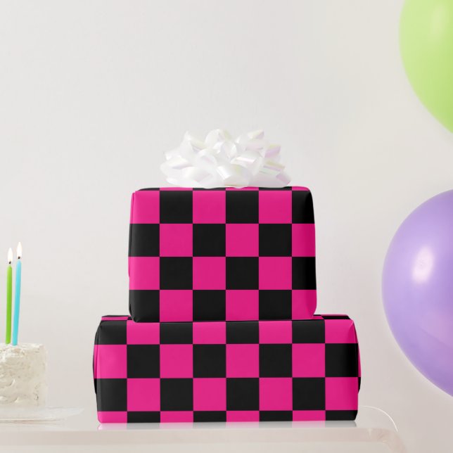 Chequered squares hot pink black geometric retro wrapping paper (Party Gifts)