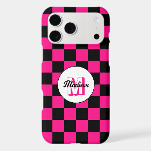 Chequered squares hot pink black retro Monogram