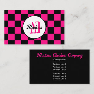 Chequered squares hot pink black retro Monogram Business Card