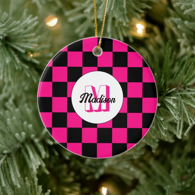 Chequered squares hot pink black retro Monogram Ceramic Tree Decoration (Tree)