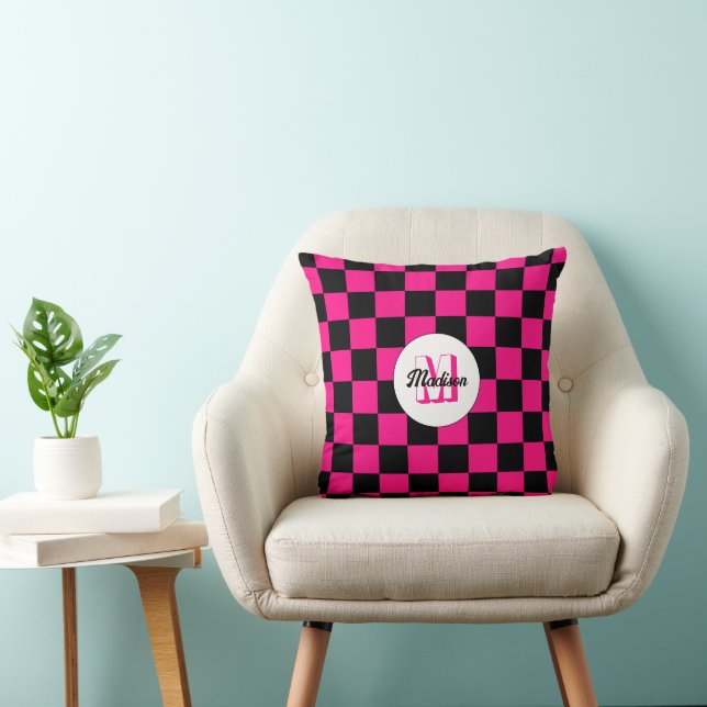 Chequered squares hot pink black retro Monogram Cushion (Chair)