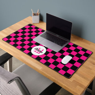 Chequered squares hot pink black retro Monogram Desk Mat