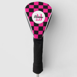 Chequered squares hot pink black retro Monogram Golf Head Cover