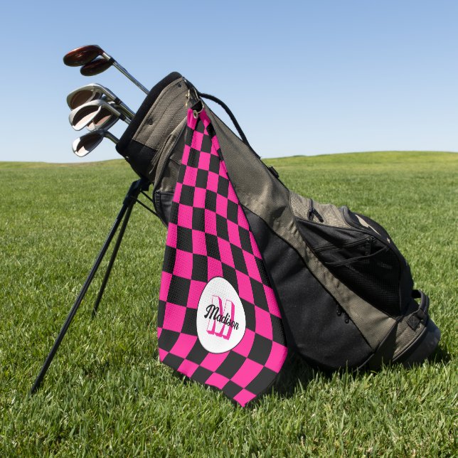 Chequered squares hot pink black retro Monogram Golf Towel (Green)