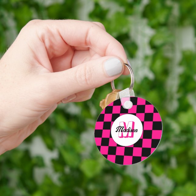 Chequered squares hot pink black retro Monogram Key Ring (Hand)