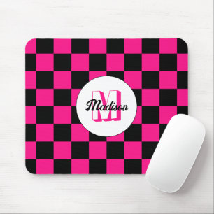 Chequered squares hot pink black retro Monogram Mouse Mat