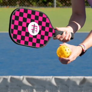 Chequered squares hot pink black retro Monogram Pickleball Paddle