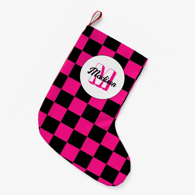 Chequered squares hot pink black retro Monogram Small Christmas Stocking (Front (Hanging))