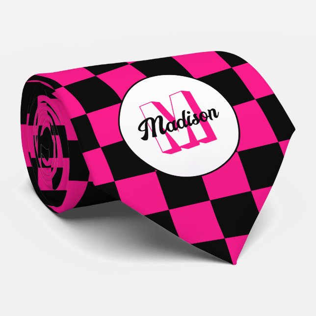 Chequered squares hot pink black retro Monogram Tie (Rolled)