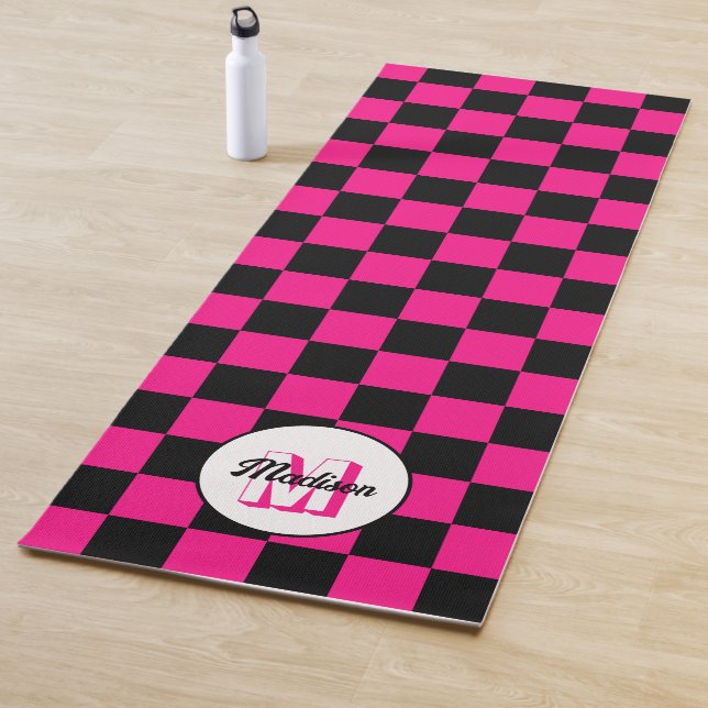 Chequered squares hot pink black retro Monogram Yoga Mat (In Situ)