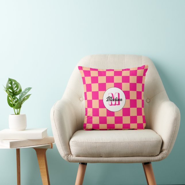 Chequered squares hot pink peach retro Monogram Cushion (Chair)