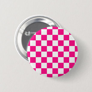 Chequered squares hot pink white geometric retro 6 cm round badge