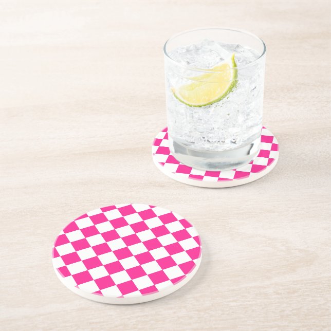 Chequered squares hot pink white geometric retro coaster (Side)