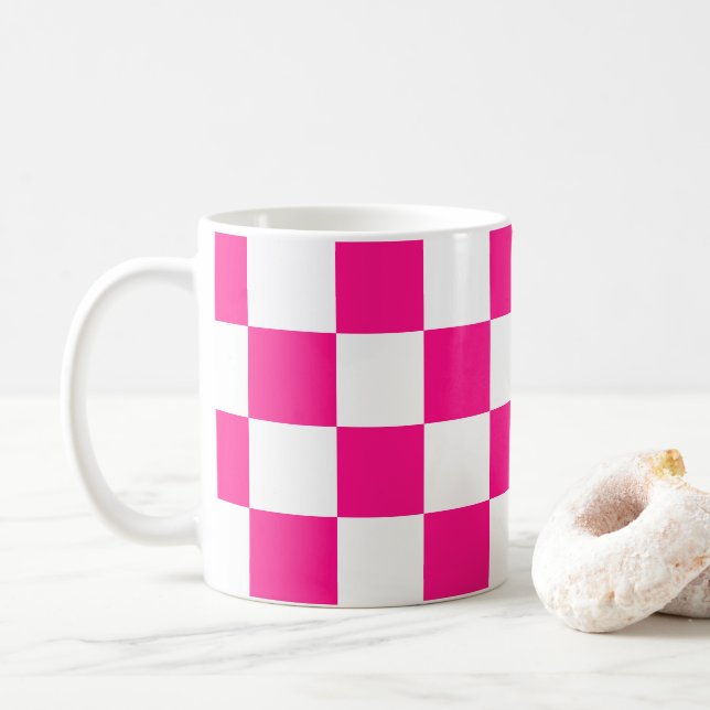 Chequered squares hot pink white geometric retro coffee mug (With Donut)
