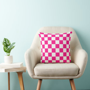 Chequered squares hot pink white geometric retro cushion