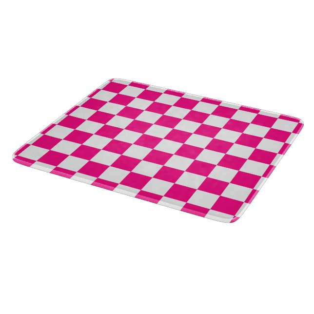Chequered squares hot pink white geometric retro cutting board (Corner)