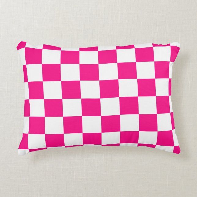 Chequered squares hot pink white geometric retro decorative cushion (Front)