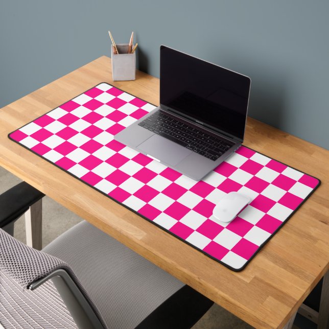 Chequered squares hot pink white geometric retro desk mat (Office 2)