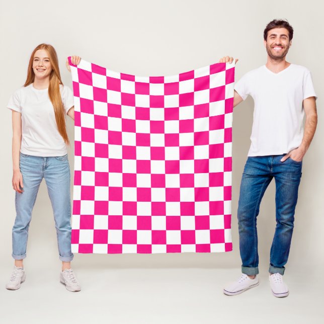 Chequered squares hot pink white geometric retro fleece blanket (In Situ)