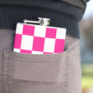 Chequered squares hot pink white geometric retro hip flask
