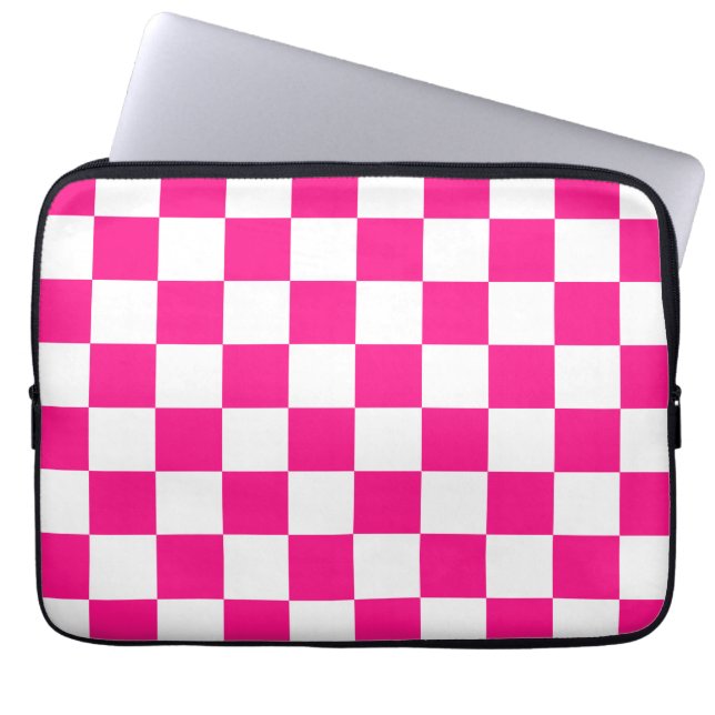 Chequered squares hot pink white geometric retro laptop sleeve (Front)