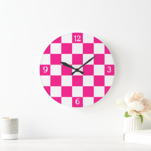 Chequered squares hot pink white geometric retro large clock