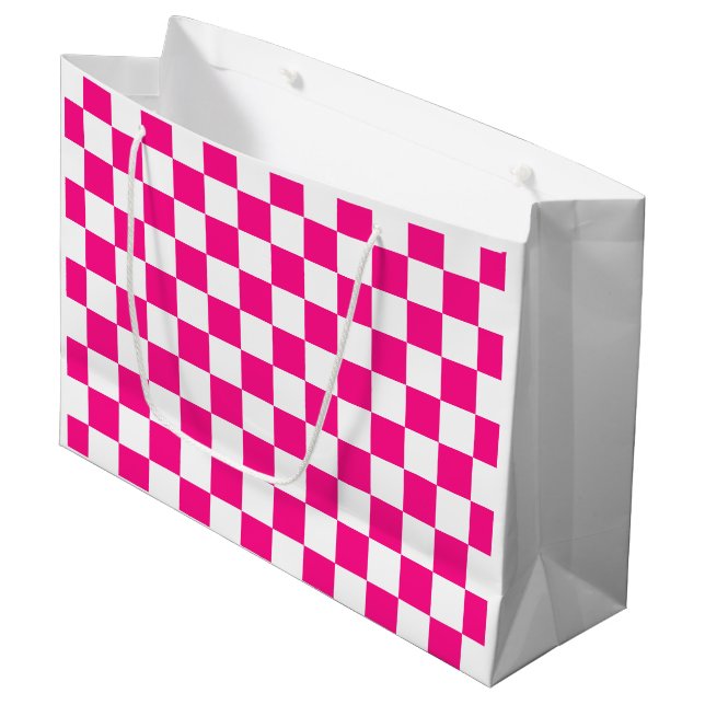 Chequered squares hot pink white geometric retro large gift bag (Front Angled)