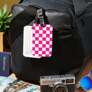 Chequered squares hot pink white geometric retro luggage tag