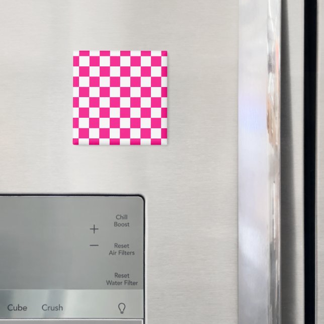 Chequered squares hot pink white geometric retro magnet (In Situ (Fridge))