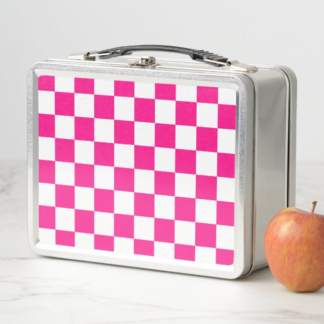 Chequered squares hot pink white geometric retro metal lunch box (In Situ)