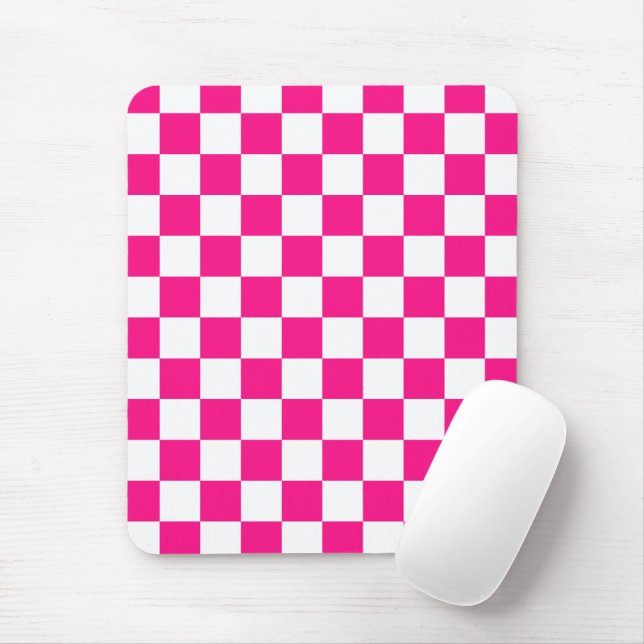 Chequered squares hot pink white geometric retro mouse mat (With Mouse)