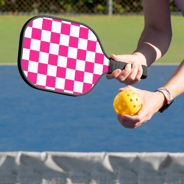 Chequered squares hot pink white geometric retro pickleball paddle (Insitu)