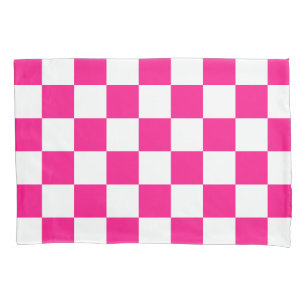Chequered squares hot pink white geometric retro pillowcase