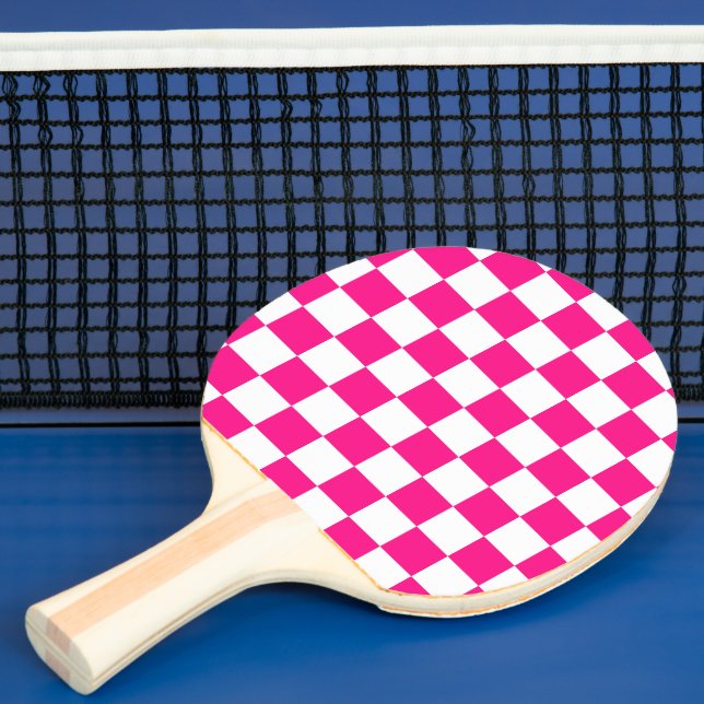 Chequered squares hot pink white geometric retro ping pong paddle (Insitu)