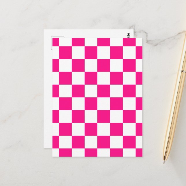 Chequered squares hot pink white geometric retro postcard (Front/Back In Situ)