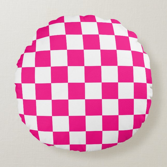 Chequered squares hot pink white geometric retro round cushion (Front)