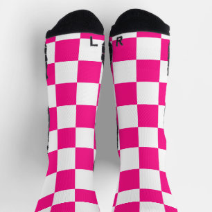 Chequered squares hot pink white geometric retro socks