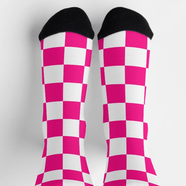 Chequered squares hot pink white geometric retro socks (Top)