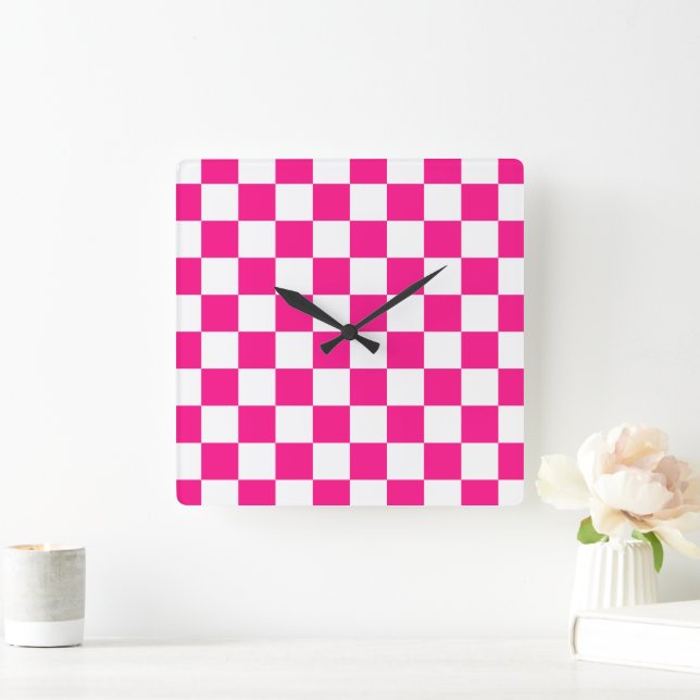 Chequered squares hot pink white geometric retro square wall clock (Home)